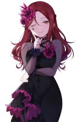 Rule 34 | 1girl, arm under breasts, black dress, closed mouth, collarbone, commentary request, dress, earrings, hair ornament, half-skirt, highres, index finger raised, jewelry, long hair, long sleeves, looking at viewer, love live!, love live! sunshine!!, new romantic sailors, notyu maru, one eye closed, red hair, sakurauchi riko, single sidelock, smile, solo, standing, upper body, white background, yellow eyes