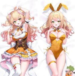 Rule 34 | 1girl, arm garter, arm up, armpits, bare shoulders, blonde hair, bow, bowtie, breasts, cleavage, cleavage cutout, clothing cutout, commission, dakimakura (medium), double bun, dress, fang, flower, frilled dress, frilled thighhighs, frills, gradient hair, green eyes, hair bun, hair flower, hair ornament, hand up, highres, hololive, large breasts, lethe (lethe187), long hair, looking at viewer, lying, medium breasts, merchandise available, momosuzu nene, multicolored hair, multiple views, on back, open mouth, orange dress, second-party source, single thighhigh, sleeveless, sleeveless dress, smile, thighhighs, two side up, underboob cutout, underbust, virtual youtuber, white thighhighs