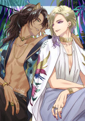 2boys animal_ears blonde_hair brown_hair dark-skinned_male dark_skin elbow_on_another&#039;s_shoulder eye_contact gradient_hair green_eyes highres jewelry leona_kingscholar lion_boy lion_ears long_hair looking_at_another looking_at_viewer male_focus multicolored_hair multiple_boys multiple_rings neck_ring necklace plunging_neckline ponytail purple_eyes purple_hair ring sitting toned toned_male twisted_wonderland ukichan12011 vil_schoenheit yaoi