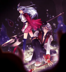 1boy 1girl armor black_coat black_hat black_pantyhose black_thighhighs blue_eyes breastplate brown-framed_eyewear cape closed_mouth coat commentary_request cross cross_necklace full_body ghost glasses gobaku_no_hito grey_hair hat high_priest_(ragnarok_online) holding holding_polearm holding_staff holding_weapon jewelry long_hair looking_afar looking_at_viewer lord_knight_(ragnarok_online) mini_hat mini_top_hat multicolored_coat necklace open_mouth pantyhose pink_skirt polearm ragnarok_online red_cape short_hair skirt smile spear spiked_gauntlets squatting staff thighhighs top_hat two-tone_coat weapon white_coat