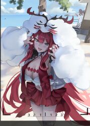 1girl 2boys absurdres antlers baobhan_sith_(fate) baobhan_sith_(swimsuit_pretender)_(first_ascension)_(fate) beach blue_sky breasts camisole cernunnos_(fate) character_hood claw_pose cleavage cu_chulainn_(fate) cu_chulainn_(fate/stay_night) detached_collar fate/grand_order fate_(series) georgios_(fate) grey_eyes headwear_with_attached_mittens highres horns jacket large_breasts long_hair long_sleeves looking_at_viewer microskirt multiple_boys navel obazzotto open_clothes open_jacket open_mouth pink_hair pointy_ears red_skirt shore sidelocks skirt sky smile solo_focus thighs tree viewfinder white_camisole white_jacket