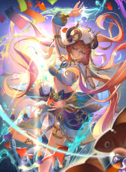 1girl absurdly_long_hair absurdres aqua_eyes blue_gemstone blue_nails blue_skirt breasts brooch chinese_commentary circlet commentary_request crop_top dancer fake_horns fish foot_out_of_frame full_body gem genshin_impact gold_circlet gold_thighlet gold_trim headdress highres horns island jewelry leg_up light_blush lingdu_han long_hair medium_breasts midriff navel nilou_(genshin_impact) ocean parted_lips puffy_sleeves red_hair sandals skirt smile solo sunset veil very_long_hair water water_drop white_veil