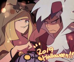 1boy 1girl 2019 alternate_costume black_hair blonde_hair blush bright_pupils chandelure closed_mouth commentary eyelashes frown gen_5_pokemon gen_7_pokemon green_eyes guzma_(pokemon) halloween hood hood_up long_hair lusamine_(pokemon) lycanroc mimikyu multicolored_hair nintendo parted_lips pokemon pokemon_(creature) pokemon_sm signature smile ssalbulre streaked_hair sweatdrop team_skull themed_object two-tone_hair white_hair white_pupils