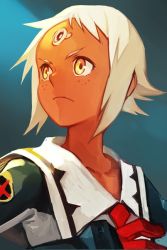 Rule 34 | 1girl, blue background, closed mouth, dark-skinned female, dark skin, facial mark, female focus, forehead mark, hungry clicker, lal&#039;c mellk mal, long sleeves, looking afar, orange eyes, sailor collar, school uniform, serafuku, simple background, solo, top wo nerae! (series), top wo nerae 2!, upper body, white hair, white sailor collar