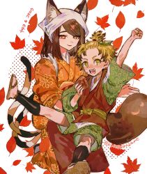 1boy 1girl :d animal_ear_fluff animal_ears arm_up autumn_leaves bangs_pinned_back blonde_hair brown_eyes brown_hair calico cat_ears cat_girl cat_tail character_name child clenched_hand commentary_request floral_print food headscarf holding holding_food japanese_clothes kimono kotaro_(rune_factory) leaf leaf_on_head legs_apart long_hair looking_at_viewer maple_leaf multiple_tails open_mouth orange_kimono outstretched_arm ponytail rune_factory rune_factory:_guardians_of_azuma sandals short_hair short_ponytail shourou_kanna sitting sitting_on_person smile swept_bangs tail two_tails yachiyo_(rune_factory) yellow_eyes