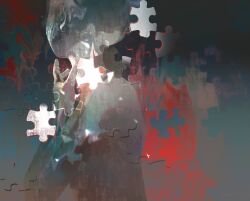 Rule 34 | 1other, aoseagrass, commentary request, facing viewer, grey background, hand up, highres, jigsaw puzzle, nude, original, puzzle, puzzle piece, solo, upper body