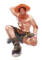 1boy ^_^ abs arm_tattoo black_hair black_shorts blush boots closed_eyes commentary_request freckles highres jewelry male_focus necklace one_piece orange_hair pearl_necklace portgas_d._ace sc_scandium short_hair shorts sitting smile solo tattoo topless_male