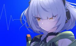 1girl anby_demara black_choker blue_background choker closed_mouth headphones highres orange_eye short_hair upper_body white_hair zenless_zone_zero zeroartwo