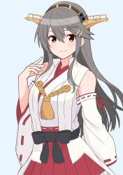 1girl absurdres aqua_background black_hair brown_eyes cowboy_shot detached_sleeves fuminomino hair_ornament hairclip haruna_(kancolle) haruna_kai_ni_(kancolle) headgear highres kantai_collection long_hair nontraditional_miko pleated_skirt popped_collar red_skirt ribbon-trimmed_sleeves ribbon_trim simple_background skirt smile solo