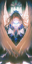 1girl absurdres angel_wings blue_dress brown_hair capelet character_request closed_eyes dress epic_seven facing_viewer gootai highres long_hair orange_hair praying solo white_capelet white_wings wings