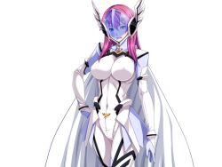 1girl blue_eyes bodysuit breasts cape covered_erect_nipples covered_navel face_shield game_cg gentle_sasaki hand_on_own_hip helmet large_breasts long_hair looking_at_viewer non-web_source official_art open_mouth pink_hair prism_reica shindou_hatsune skin_tight smile solo soukou_senki_prism_reica transparent_background white_bodysuit
