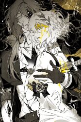 1boy 1girl aglaea_(honkai:_star_rail) anaxa_(honkai:_star_rail) cracked_skin cxffeehxtsxhxt dress eyepatch gloves greyscale head_wreath highres honkai:_star_rail honkai_(series) jacket long_hair low-tied_long_hair medium_hair monochrome parted_lips partially_colored partially_fingerless_gloves stab upper_body yellow_blood