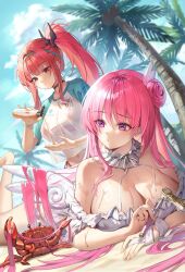 Rule 34 | 2girls, aile (crossroads), angel wings, applying sunscreen, beach, bikini, bikini visible through clothes, breasts, cleavage, coconut tree, commentary, crab, dorothy (nikke), dorothy (serendipity) (nikke), english commentary, goddess of victory: nikke, hair bun, highres, large breasts, long hair, lying, multiple girls, official alternate costume, on stomach, outdoors, palm tree, pink hair, ponytail, purple eyes, rapi (nikke), rapi (red hood) (nikke), rapi (red hood) (red flavor) (nikke), red bikini, red eyes, red hair, single side bun, swimsuit, tree, two-tone shirt, very long hair, white bikini, wings