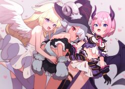 3girls :d angel angel_wings animal_hands black_gloves blonde_hair blue_eyes breasts bright_pupils character_request closed_mouth demon_girl demon_horns demon_wings dress fangs feathered_wings gloves goat_horns grey_hair halo hat highres horns horns_through_headwear long_hair midnight_girls multiple_girls open_mouth paw_gloves pink_hair pointy_ears purple_eyes red_eyes robo_mikan short_hair small_breasts smile stirrup_legwear tail thighhighs toeless_legwear traditional_halo white_dress white_pupils white_thighhighs white_wings wings witch_hat yellow_halo