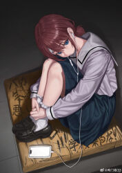 1girl absurdres bandaid bandaid_on_face bandaid_on_forehead black_shoes blue_eyes blue_shirt blue_skirt brown_hair cellphone commentary desk earphones girls_band_cry hair_between_eyes highres hugging_own_legs iseri_nina loafers long_sleeves low_twintails naruto_maki_(naruto05) phone pleated_skirt school_desk school_uniform shirt shoes short_hair short_twintails sitting skirt smartphone socks solo twintails watermark weibo_watermark white_socks