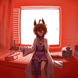 1girl absurdres agnes_tachyon_(umamusume) ahoge animal_ears bow bowtie brown_hair chemical_structure closed_mouth coat cup earrings erlenmeyer_flask flask glowing glowing_eyes hair_between_eyes highres holding holding_cup horse_ears horse_girl horse_tail huge_ahoge jewelry lab_coat long_sleeves looking_at_viewer medium_hair microscope on_table open_clothes open_coat pleated_skirt purple_sailor_collar purple_shirt purple_skirt red_eyes sailor_collar scales school_uniform shirt single_earring sitting skirt sleeves_past_fingers sleeves_past_wrists smile solo spill table tail tracen_school_uniform tripod_(laboratory) umamusume umenotenpura white_bow white_bowtie white_coat window window_blinds
