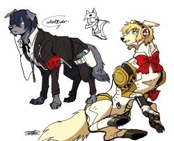1boy 1girl 1other aigis_(persona) animal_ears animalization armband axontatsu black_fur blonde_hair blue_eyes blue_hair bow bowtie commentary_request dog dog_ears dog_nose dog_tail english_text evoker headphones looking_to_the_side non-humanoid_robot pawpads persona persona_3 red_bow red_bowtie robot school_uniform signature speech_bubble tail thanatos_(persona) white_background yellow_fur yuuki_makoto_(persona_3)