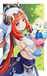 1girl aqua_eyes blue_flower blue_gemstone blue_skirt blush bouquet circlet commentary_request crop_top ewaaawa fake_horns flower from_side gem genshin_impact gold_trim highres holding holding_bouquet horns hydro_symbol_(genshin_impact) long_hair long_sleeves looking_at_viewer looking_to_the_side nilou_(genshin_impact) paid_reward_available parted_bangs parted_lips partial_commentary puffy_long_sleeves puffy_sleeves red_hair skirt smile solo upper_body veil very_long_hair vision_(genshin_impact) white_flower white_veil