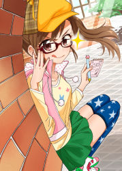 Rule 34 | bad id, bad pixiv id, cardigan, detective, eye glitter, eyebrows hidden by hair, futami mami, glasses, green skirt, hanatsuka, hat, idolmaster, mechanical pencil, pencil, pink cardigan, pocketbook, road, shirt, side ponytail, skirt, street, t-shirt, tam o&#039; shanter, thighhighs, tree, wall