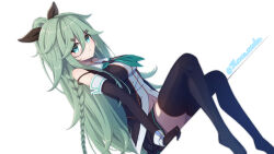 1girl absurdres black_gloves black_ribbon black_serafuku black_thighhighs blush braid breasts elbow_gloves gloves green_eyes green_neckerchief hair_between_eyes hair_flaps hair_ornament hair_ribbon hairclip highres kantai_collection looking_at_viewer nanaba_(7leaves) neckerchief ponytail ribbon school_uniform serafuku side_braids sitting skirt solo thighhighs twin_braids twitter_username yamakaze_(kancolle) yamakaze_kai_ni_(kancolle)