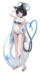 1girl absurdres animal_ears bikini black_eyes black_hair black_tail blue_archive blue_bikini blue_halo blue_tail cat_ears cat_girl cat_tail colored_inner_animal_ears criss-cross_straps full_body gradient_tail halo highres kikyou_(blue_archive) kikyou_(swimsuit)_(blue_archive) layered_bikini looking_at_viewer lunar_(pixiv53683306) multi-strapped_bikini_bottom multiple_tails official_alternate_costume short_hair simple_background solo standing swimsuit tail two_tails white_background