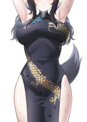 1girl armpits arms_up black_dress black_hair blue_archive blush breasts china_dress chinese_clothes closed_mouth cosplay dog_girl dog_tail dragon_print dress eyes_out_of_frame hair_bobbles hair_ornament head_out_of_frame hibiki_(blue_archive) highres kisaki_(blue_archive) kisaki_(blue_archive)_(cosplay) large_breasts long_hair nickname25 pelvic_curtain print_dress simple_background sleeveless sleeveless_dress solo sweat tail twintails white_background