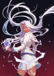 1girl aa_megami-sama absurdres black_thighhighs commentary dark-skinned_female dark_skin energy_orb facial_mark floating_hair forehead_mark from_behind frown gradient_background highres long_hair looking_at_viewer looking_back magic pleated_skirt purple_eyes red_background shirt skirt solo thighhighs urd_(aa_megami-sama) user_zfks3237 very_long_hair white_hair white_shirt white_skirt