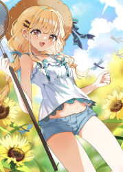 1girl :d bare_arms bare_shoulders blue_bow blue_shorts blue_sky blurry blurry_background blush bow braid breasts brown_eyes brown_hat bug butterfly_net camisole cloud commentary_request day depth_of_field dragonfly fang flower fujita_kotone gakuen_idolmaster hand_net hat hat_bow highres holding idolmaster insect long_hair looking_at_viewer low_twintails mao_xiaozha_(rumiechen) navel open_mouth outdoors short_shorts shorts sky small_breasts smile solo straw_hat sunflower twin_braids twintails white_camisole yellow_flower