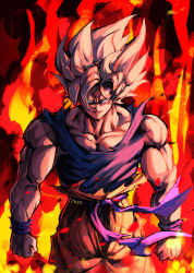 Rule 34 | 1boy, blonde hair, blue sash, blue vest, clenched hands, collarbone, cowboy shot, curtained hair, dragon ball, dragonball z, fiery background, fire, green eyes, highres, long bangs, looking at viewer, male focus, mattari illust, muscular, muscular male, orange background, orange pants, pants, parted lips, pectoral cleavage, pectorals, sash, shirt, sleeveless, smirk, solo, son goku, spiked hair, super saiyan, super saiyan 1, torn clothes, torn shirt, torn vest, v-shaped eyebrows, vest