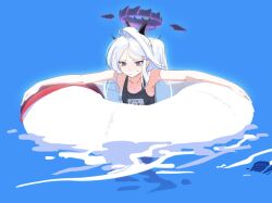 1boy 1girl blue_archive doodle_sensei_(blue_archive) flat_chest hair_ornament hairclip halo highres hina_(blue_archive) hina_(swimsuit)_(blue_archive) horns innertube long_hair official_alternate_costume one-piece_swimsuit red_eyes school_swimsuit sensei_(blue_archive) sketch sweat swim_ring swimming swimsuit utsuru4 water white_hair white_innertube