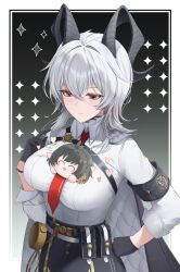 1girl absurdres armband black_armband black_gloves black_horns black_jacket black_pants border breasts chest_harness closed_mouth collared_shirt commentary_request curled_horns female_rover_(wuthering_waves) gloves grey_hair hair_between_eyes hand_on_own_hip harness heart high-waist_pants highres horns jacket jacket_on_shoulders large_breasts long_hair multicolored_hair necktie objectification pants red_eyes red_necktie rover_(wuthering_waves) shirt shirt_tucked_in sinonomemikann smile solo streaked_hair white_border white_shirt wuthering_waves zani_(wuthering_waves)