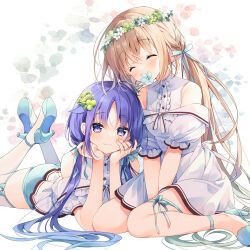 2girls ^_^ bare_shoulders blue_flower blue_footwear blush bow closed_eyes closed_mouth commentary_request dress flower flower_in_mouth flower_over_mouth frills green_flower hair_between_eyes hair_ornament hakka_(suimya) head_rest head_wreath high_heels kurone_(suimya) long_hair low_twintails lying multiple_girls off_shoulder on_stomach original puffy_short_sleeves puffy_sleeves purple_eyes purple_hair shirt shoe_soles shoes short_shorts short_sleeves shorts sitting sleeveless smile suimya thighhighs twintails very_long_hair wariza white_dress white_flower white_shirt white_thighhighs