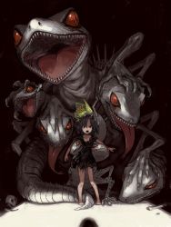1girl barefoot black_dress black_hair dress flower gecko highres horror_(theme) looking_at_viewer medium_hair megame_(okbnkn) monster open_mouth original rags short_dress solo standing