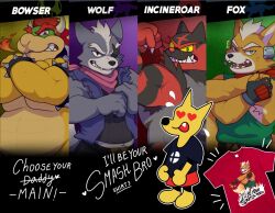 4boys ad animal_ears bara biceps bowser bracelet character_name claws collar commentary crossed_arms dog_nose english_commentary eyepatch fangs fire flexing fox_boy fox_ears fox_mccloud fox_tail furry furry_male gen_7_pokemon glitter-trap-boy grin incineroar jewelry looking_at_viewer male_focus mario_(series) merchandise merchandise_available multiple_boys muscular muscular_male nintendo one_eye_covered open_mouth pokemon pokemon_(creature) smile spiked_bracelet spiked_collar spikes star_fox stretching super_smash_bros. tail wolf_boy wolf_ears wolf_o&#039;donnell wolf_tail