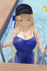 1girl absurdres baseball_cap black_hat blonde_hair blue_eyes breasts brown_dust_(series) brown_dust_2 cleavage closed_mouth commentary earrings frs hat highres jewelry large_breasts long_hair looking_at_viewer necklace pool sleeveless solo swimsuit very_long_hair wilhelmina_(brown_dust)