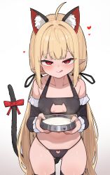 1girl :d absurdres ahoge animal_ear_fluff animal_ears bare_shoulders black_bra black_panties black_ribbon blonde_hair blush bowl bra breasts cat_ears cat_tail cleavage_cutout closed_eyes clothing_cutout cowboy_shot cum cum_in_bowl cum_in_container detached_sleeves h.pn hair_ribbon heart hetero highres holding holding_bowl long_hair medium_breasts open_mouth original panties pet_bowl pointy_ears red_eyes ribbon smile solo tail twintails underwear very_long_hair white_background