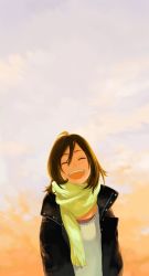 Rule 34 | 1girl, :d, brown hair, closed eyes, cloud, coat, female focus, happy, highres, jacket, jimu kaji, kajimiya (kaji), laughing, light, open mouth, original, scarf, short hair, sky, smile, solo, sun, sunset, teeth
