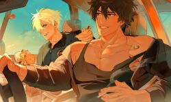 Rule 34 | 2boys, bare pectorals, black jacket, black tank top, blonde hair, blue shirt, bottle, brown eyes, brown hair, car interior, cloud, collarbone, commentary request, driving, food, french fries, fuzzy dice, guilty gear, guilty gear strive, highres, holding, holding food, jacket, jacket partially removed, ketchup, lapels, looking at another, looking to the side, male focus, multiple boys, ninguno guilty, notched lapels, outstretched arm, parted bangs, pectorals, shirt, short hair, sin kiske, sitting, sky, smile, sol badguy, tank top, teeth, zipper pull tab
