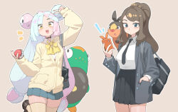 2girls :d absurdres alternate_costume arm_up bag bellibolt black_bag black_necktie black_skirt bow-shaped_hair brown_hair cardigan character_hair_ornament collared_shirt gen_5_pokemon hair_ornament highres hilda_(pokemon) holding holding_phone holding_poke_ball iono_(pokemon) jin_rou long_hair long_sleeves multicolored_hair multiple_girls necktie nintendo open_mouth phone pleated_skirt poke_ball poke_ball_(basic) pokemon pokemon_(creature) pokemon_bw pokemon_sv school_uniform shirt shoes sidelocks skirt sleeves_past_wrists smile teeth tepig thighhighs tongue two-tone_hair upper_teeth_only v white_shirt yellow_cardigan yellow_eyes yellow_thighhighs