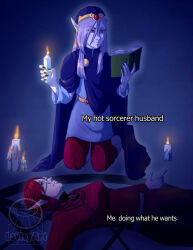 Rule 34 | 1boy, 1girl, anime coloring, artist logo, artist name, black nails, black shirt, book, breasts, candle, cloak, closed mouth, dress, elf, eyes visible through hair, facial mark, fingernails, gem, gem hat ornament, glasses, gold belt, goth fashion, hair over shoulder, hat, hat ornament, holding, holding book, holding candle, husband and wife, kneeling, lavleyart, logo, long hair, long sleeves, looking up, lying, magic, magic circle, makeup, medium breasts, medium hair, meme, nintendo, non-web source, oc x canon, on back, original, pale skin, pants, parted lips, pointy ears, ponytail, purple cloak, purple hair, purple hat, purple tunic, reading, red brooch, red dress, red eyes, red gemstone, red hair, red pants, ritual, self-upload, sharp fingernails, shirt, sidelocks, smile, teeth, the legend of zelda, the legend of zelda: the minish cap, tunic, turtleneck, turtleneck shirt, vaati, wax