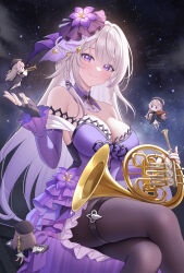 1girl 3others artist_name bare_shoulders blush braid breasts brown_hair character_request chibi crossed_legs detached_sleeves doll dress feet_out_of_frame fingerless_gloves flower flower_on_head fukuro_daizi gloves hat herta_(honkai:_star_rail) honkai:_star_rail honkai_(series) instrument jewelry keyboard_(instrument) large_breasts long_hair looking_at_viewer multiple_others nails necklace night pantyhose purple_eyes saxophone sitting smile space star_(sky) toy trumpet violin white_hair