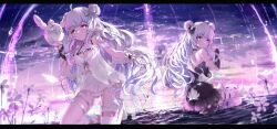 2girls absurdres ahoge angel angel_wings bare_shoulders barefoot black_dress bow double_bun dress flower geez hair_bow hair_bun highres holding holding_flower kneeling long_hair looking_at_viewer low_wings multiple_girls original outdoors pink_eyes short_dress sitting symbol-shaped_pupils thigh_strap thighhighs toeless_legwear wariza water white_dress white_flower white_hair white_thighhighs white_wings wings