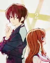Rule 34 | 1boy, 1girl, 621 joker 123, asahina mikuru, blazer, blue sailor collar, brown hair, collared shirt, commentary request, from side, green jacket, highres, jacket, kita high school uniform, koizumi itsuki, long hair, long sleeves, looking at another, necktie, red necktie, sailor collar, school emblem, school uniform, serafuku, shirt, short hair, suzumiya haruhi no yuuutsu, white shirt, winter uniform
