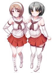 Rule 34 | 2girls, blush, breasts, brown eyes, brown hair, brown neckerchief, detached sleeves, hairband, highres, kantai collection, kirigakure (kirigakure tantei jimusho), large breasts, looking at viewer, multiple girls, nagara (kancolle), natori (kancolle), neckerchief, one side up, original remodel (kantai collection), pleated skirt, red skirt, sailor collar, school uniform, serafuku, shirt, shoes, short hair, skirt, sleeveless, sleeveless shirt, smile, solo, thighhighs, unworn shoes, white background, white hairband, white sailor collar, white shirt, white shoes