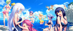 3boys 6+girls :d ;d ^_^ absurdres alternate_costume arm_support ass back bare_arms bare_legs bare_shoulders barefoot bikini bikini_skirt black_bikini black_bow black_hair black_hairband black_one-piece_swimsuit blonde_hair blue_eyes blue_hair blue_sky blush blush_stickers bone_hair_ornament bow braid breasts brown_hair casual_one-piece_swimsuit cleavage closed_eyes cloud cowboy_shot crocodile_hair_ornament crown_braid curvy dark-skinned_male dark_skin day floating_hair food frilled_bikini frills full_body green_hair hair_between_eyes hair_bow hair_bun hair_ornament hair_over_shoulder hair_ribbon hairband halterneck hand_on_own_hip hand_up happy head_tilt highres holding holding_megaphone holding_spoon holding_table_tennis_paddle hug jumping kanou_tenzen katou_umi kneepits kushima_kamome large_breasts leaning_forward long_hair looking_at_another looking_down low_ponytail male_swimwear medium_breasts megaphone mitani_ryouichi mizuori_shizuku multiple_boys multiple_girls naruse_shiroha navel nomura_miki ocean off-shoulder_bikini off_shoulder one-piece_swimsuit one_eye_closed open_mouth outdoors outstretched_arms paddle pink_bikini pink_eyes pink_hair ponytail profile purple_hair red_eyes red_ribbon ribbon rock shaved_ice shiny_skin short_hair side-tie_bikini_bottom sidelocks single_hair_bun sitting skindentation skull_and_crossbones skull_hair_ornament sky smile sorakado_ao splashing spoon standing straight_hair summer_pockets swim_trunks swimsuit table_tennis_paddle takahara_hairi tan teeth topless_male tsumugi_wenders twintails two_side_up upper_teeth_only very_long_hair wading water waving wet white_bikini white_bow white_hair yellow_bikini yellow_eyes zen_(kamuro)