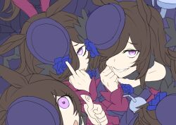 3girls animal_ears bare_shoulders black_hair blue_flower blue_rose borrowed_character chibi commentary crowd dress feet_out_of_frame fingerprint flat_color flower gesugao grin hair_over_one_eye horse_ears horse_girl lace lace-trimmed_dress lace_trim looking_at_viewer looking_up middle_finger multiple_girls multiple_persona off-shoulder_dress off_shoulder out_of_character people purple_dress purple_eyes purple_headwear rice_shower_(umamusume) rose sinzan sketch smile swept_bangs tilted_headwear umamusume umamusume_tanuki