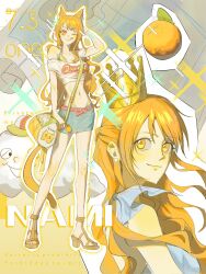 Rule 34 | 1girl, ;q, alternate costume, animal ears, animal print, bag, bare legs, bare shoulders, belt, birthday, blue shirt, blue skirt, breasts, cat ears, cat print, cat tail, character name, closed mouth, cloud, commentary request, crop top, crown, dated, earrings, food, fruit, full body, gold crown, groin, heart belt, high heel sandals, highres, jewelry, long hair, looking at viewer, mandarin orange, medium breasts, midriff, miniskirt, multiple views, nameijitui1, nami (one piece), navel, one eye closed, one piece, orange eyes, orange hair, pearl earrings, pink belt, sandals, shirt, shoulder bag, skirt, smile, sparkle, tail, tongue, tongue out, upper body, wavy hair, white shirt, zeus (one piece)