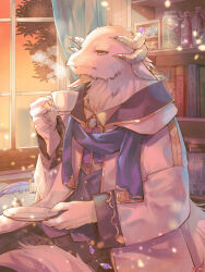 1boy black_pants blue_scarf bone book bookshelf bottle brooch clona closed_mouth coat cowboy_shot crystal cup dairoku_ryouhei dusk expressionless framed_insect furry furry_male highres holding holding_cup holding_saucer horns inkwell jar jewelry light_particles looking_ahead monster_boy multiple_horns muntins neck_ribbon open_clothes open_coat pants paper purple_ribbon purple_vest quill ribbon saucer scarf sitting sleeve_cuffs solo table tail teacup vest white_coat white_fur white_horns window yellow_eyes