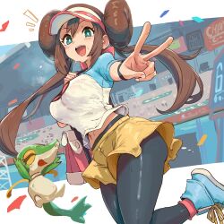 1girl absurdres bag black_pantyhose blue_eyes blush bracelet breasts brown_hair commentary_request donut_hair_bun double_bun gen_5_pokemon hair_bun hat highres ishijimajirou jewelry large_breasts long_hair looking_at_viewer navel nintendo open_mouth pantyhose pantyhose_under_shorts pokemon pokemon_(creature) pokemon_bw2 raglan_sleeves rosa_(pokemon) shirt shorts shoulder_bag smile snivy stomach sweat sweatdrop textless_version twintails v visor_cap yellow_shorts