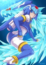 1girl absurdres armor artist_name ass ayla_kazemi blue_armor blue_eyes blue_helmet riding_dragon fairy_leviathan_(mega_man) forehead_jewel from_behind helmet highres ice_dragon looking_at_viewer looking_back mega_man_(series) mega_man_zero_(series) riding underwater